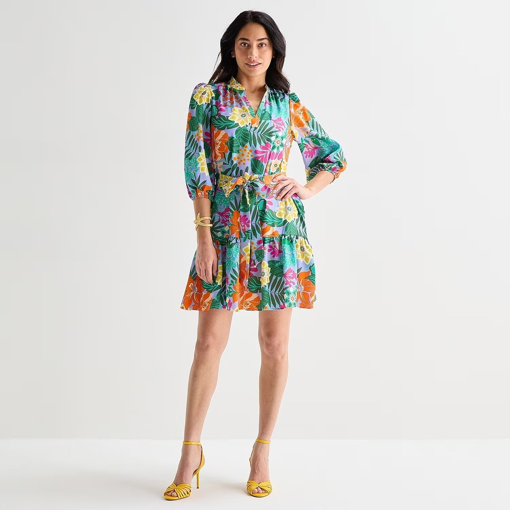 MSRP $89 Willow Glenn Womens 14 Green Multi Floral 3/4 Sleeve Balloon Dress